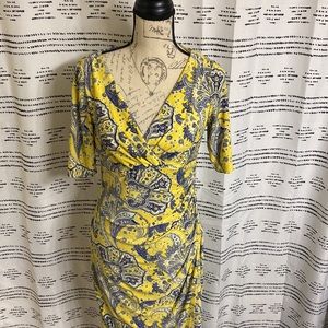Lauren Ralph Lauren Ruched 3/4 Length Sleeve Dress- Paisley Yellow & Blue- Sz 8